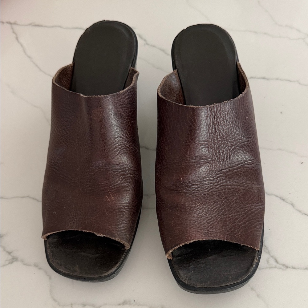 Dark Brown Leather Open-Toe Slip-On Sandals